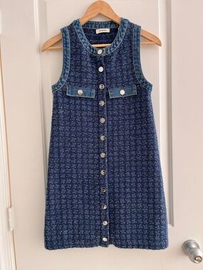 Sandro Navy Tweed Shift Dress with Denim Trim